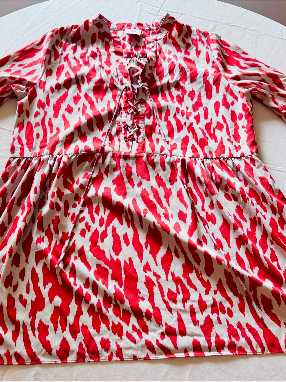 Women’s Red & White Printed Lace-Up Peasant Dress